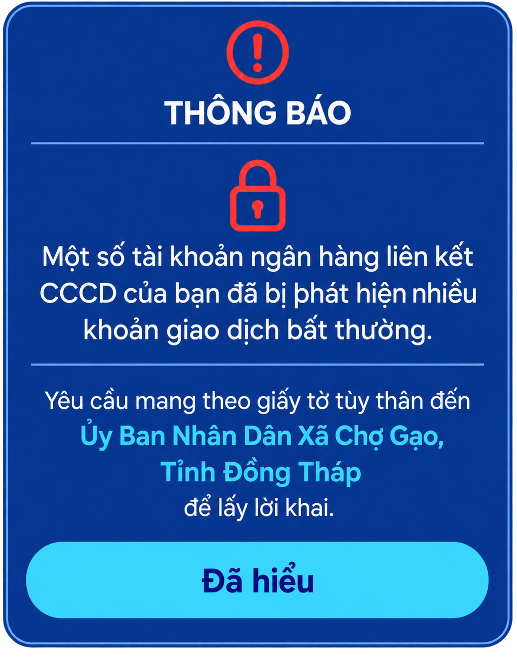 Thông báo với nút Đã hiểu